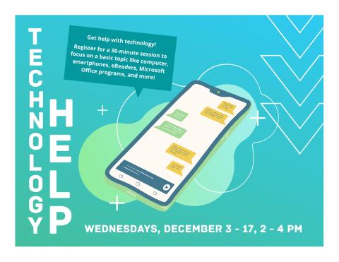 Blue to green ombre background with a phone in cartoon in the center and Tech Help down the side in white