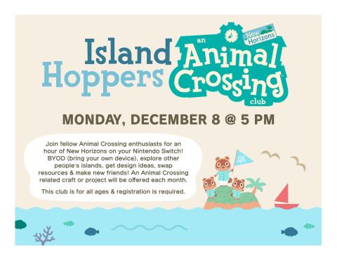 Cream colored background with Animal Crossing logo on the top right and characters on the bottom right on top of the island with the sea along the bottom