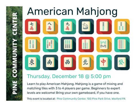 Mahjong tiles in red, yellow, green and dark green across the top and middle with words describing the program underneath