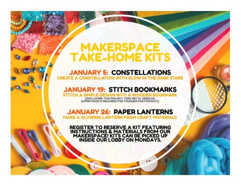 Art supplies on top of a yellow background around a white circle with title and description of program