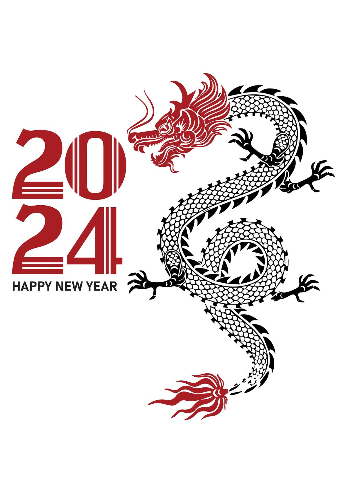 Says 2024 in red, dragon cartoon and Happy New Year