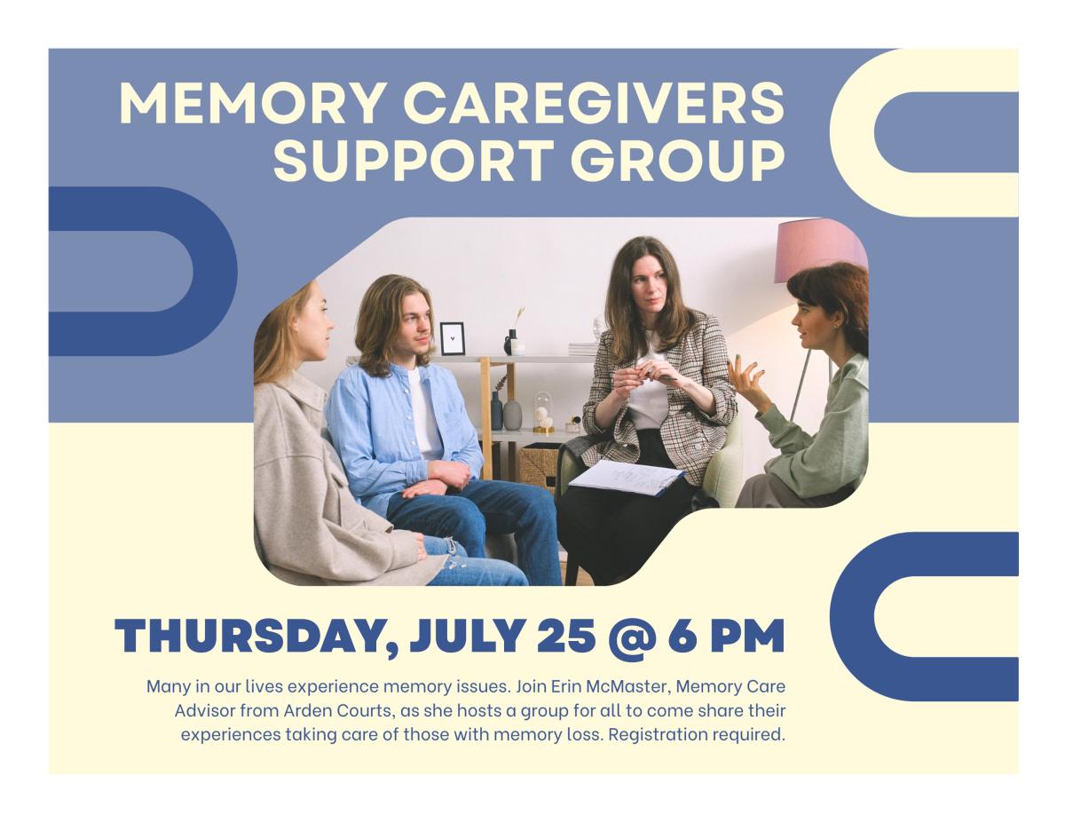 Blue and yellow background with a picture of a support group in the center