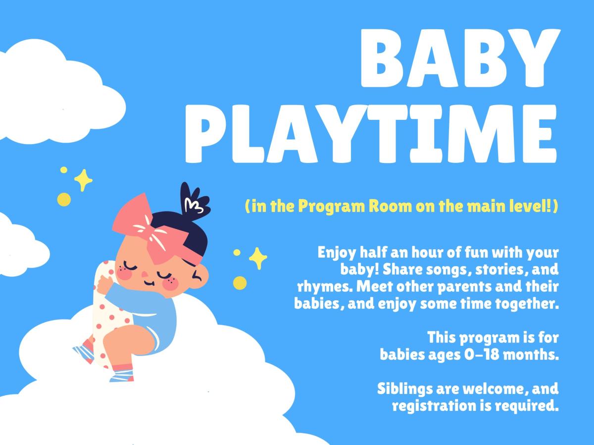 Baby on a cloud in the blue sky with title and description of program in white font