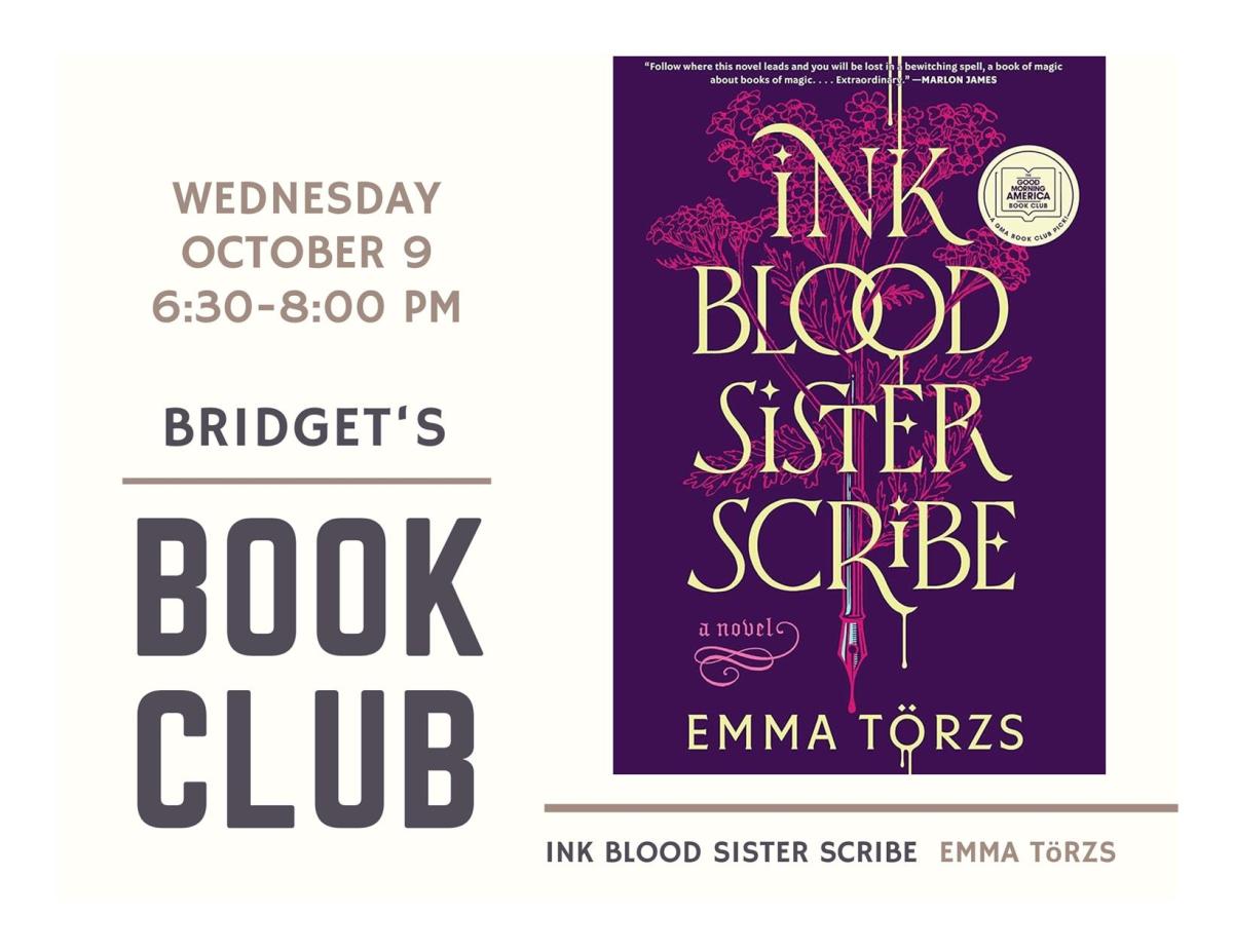 Purple book cover with Ink Blood Sister Scribe written in the center in white ink on the right hand side of the flyer with text on the left saying the program name and description