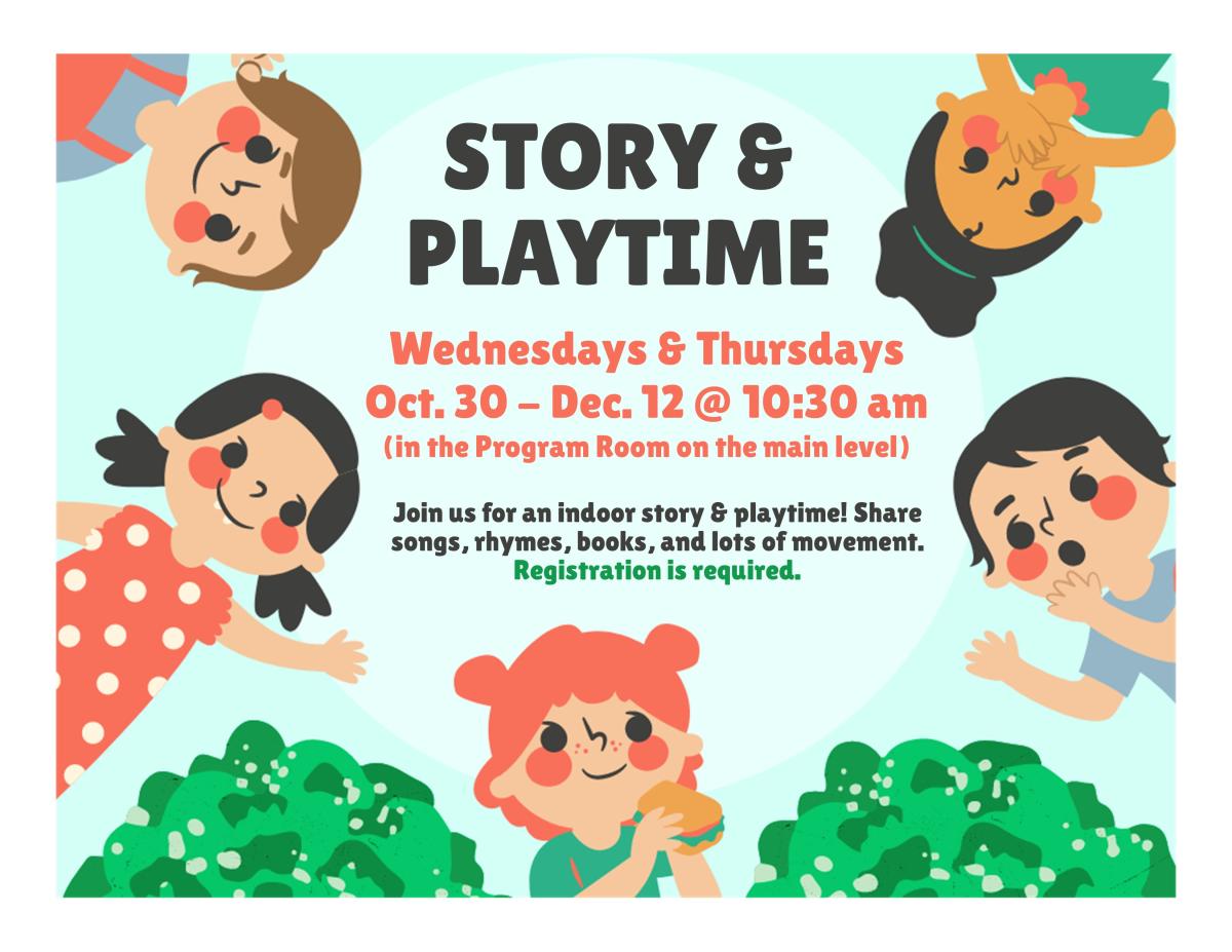 Cartoon children in a circle around text that says Story and Playtime