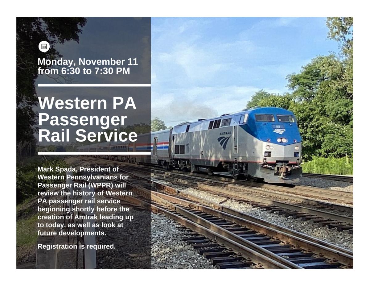 Faded grey box in the left side of the picture with the title and description of program in front of an Amtrak train on tracks with blue sky above