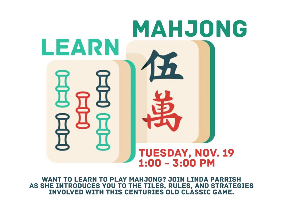 Two Mahjong tiles front and center with LEARN MAHJONG in green above them