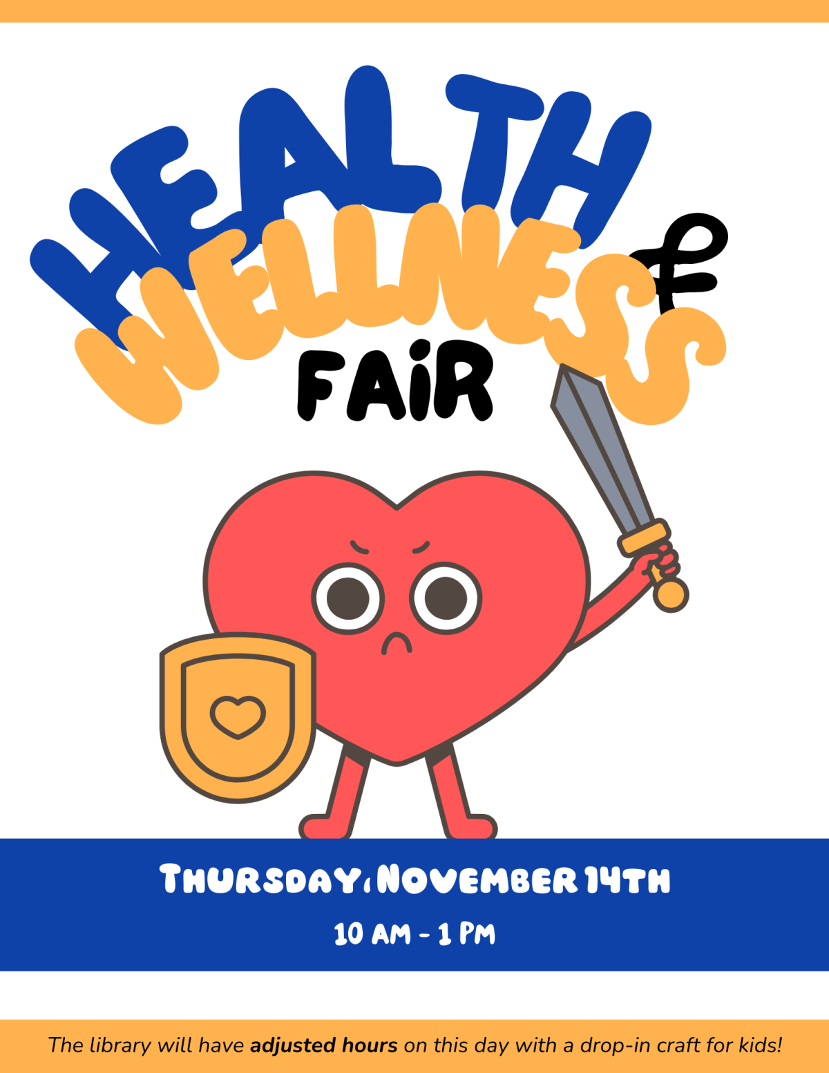 Blue and yellow health & wellness fair flyers with cartoon heart holding a sword & shield.