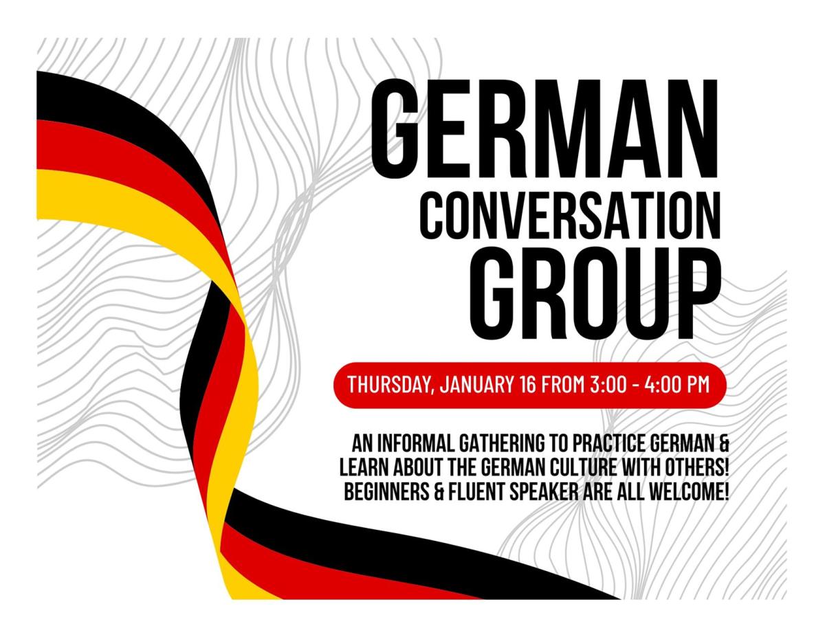 White background with the colors of the Germany flag and text in black with program info