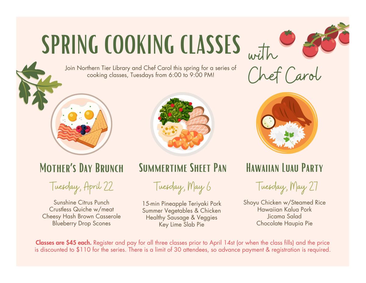 Pale pink background with three cartoon dishes of food above descriptions in green ink