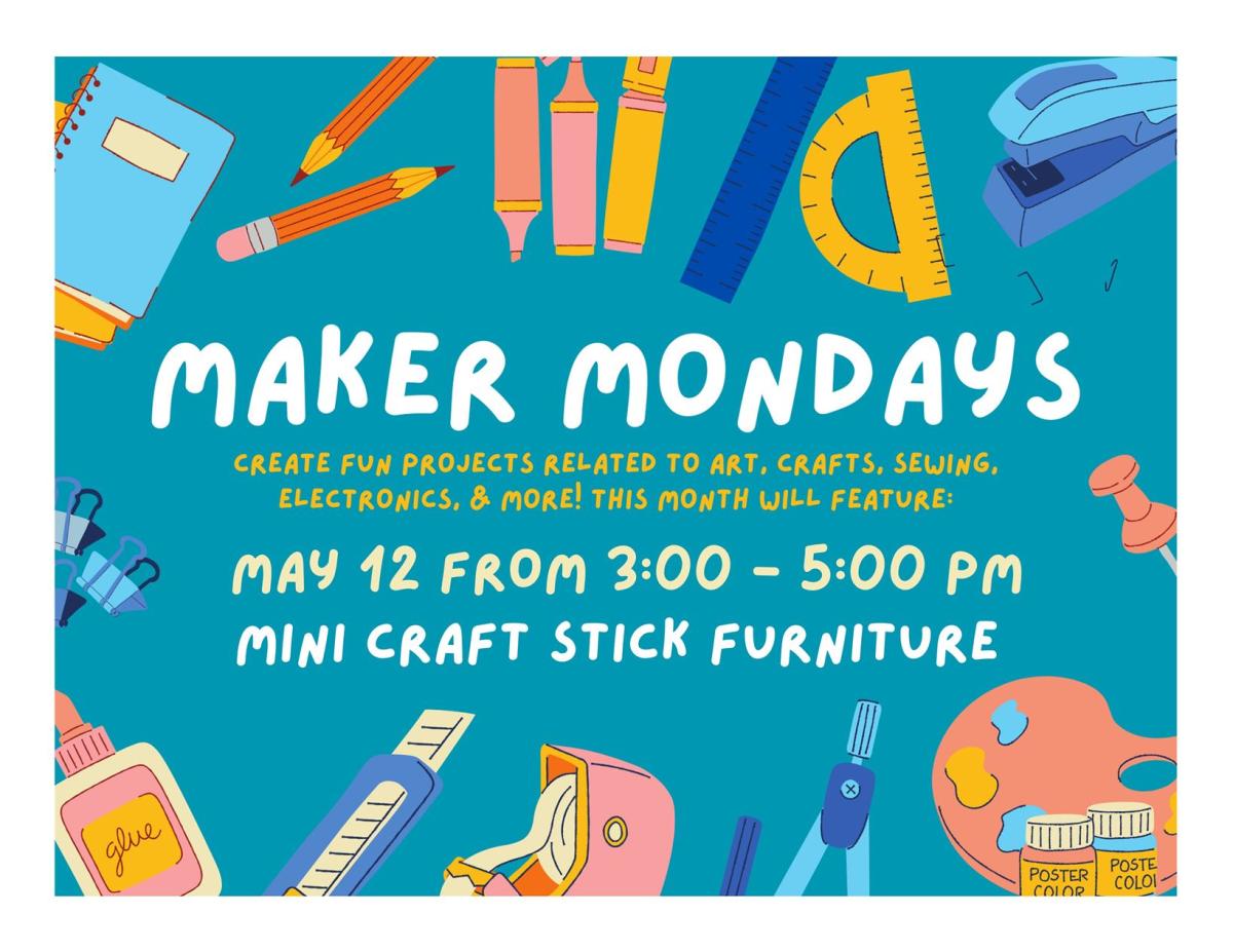 Cyan background with cartoon art supplies around the top and bottom