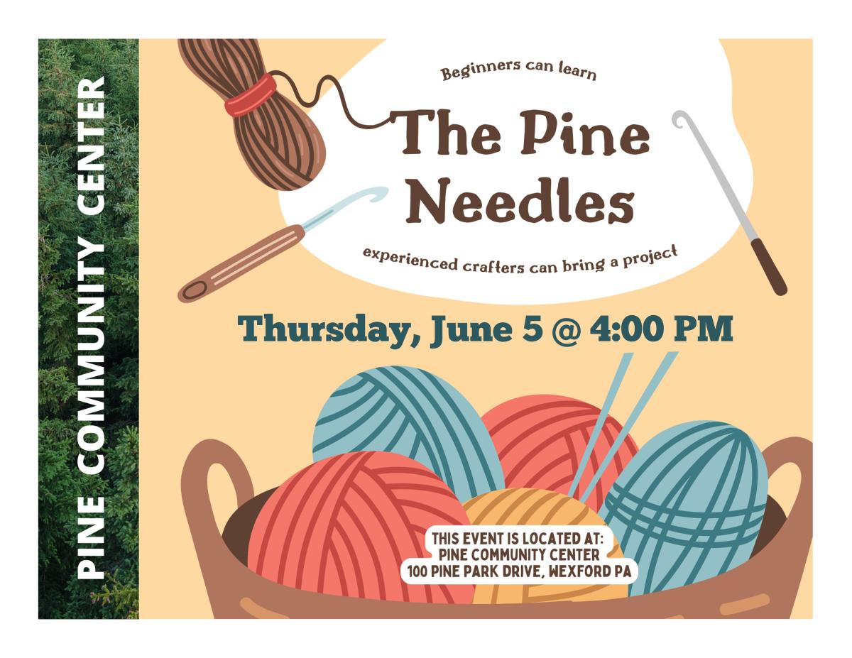 Cartoon image of yarn in a basket with needles framing the name of program above basket