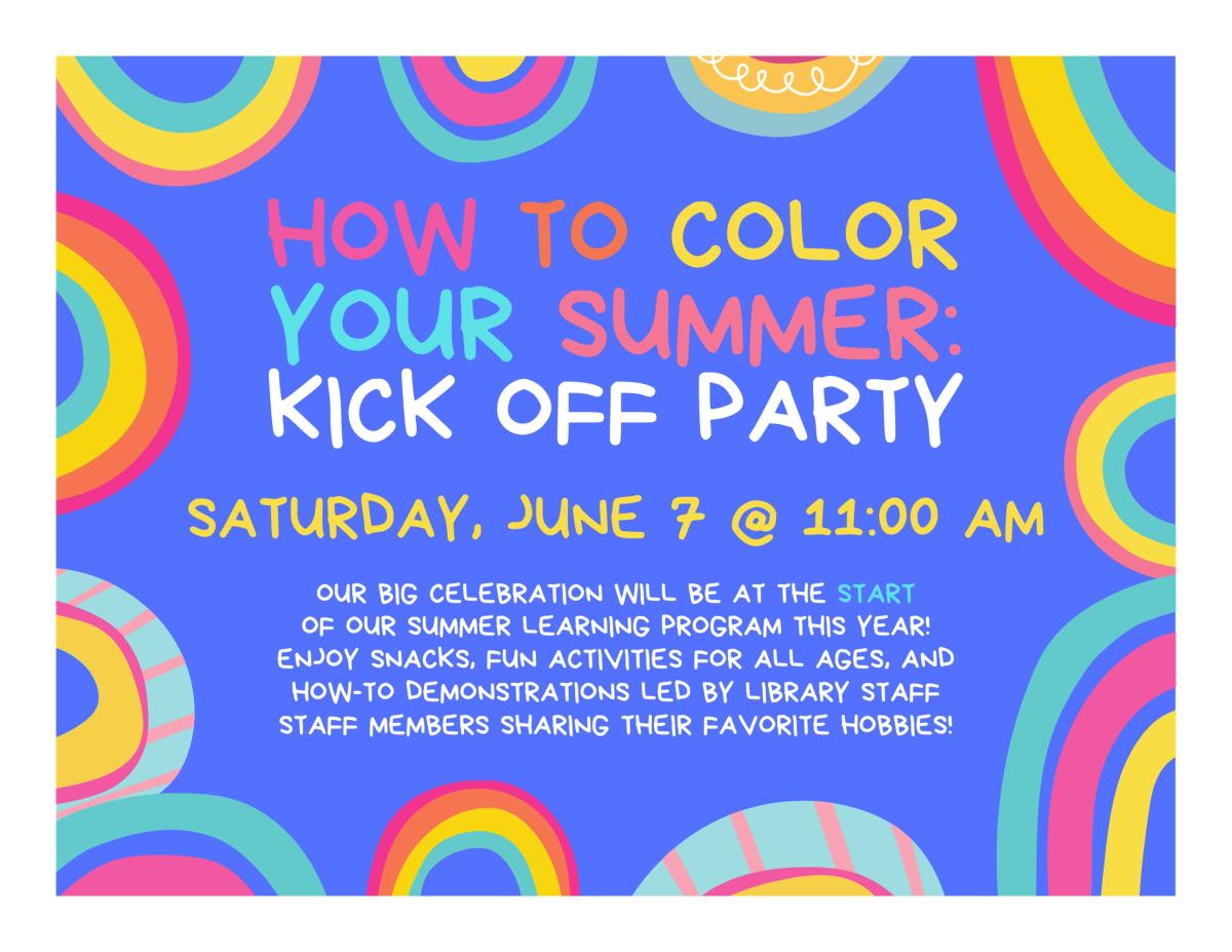 Purple background with rainbow color circles on the edges with multi-colored title and description