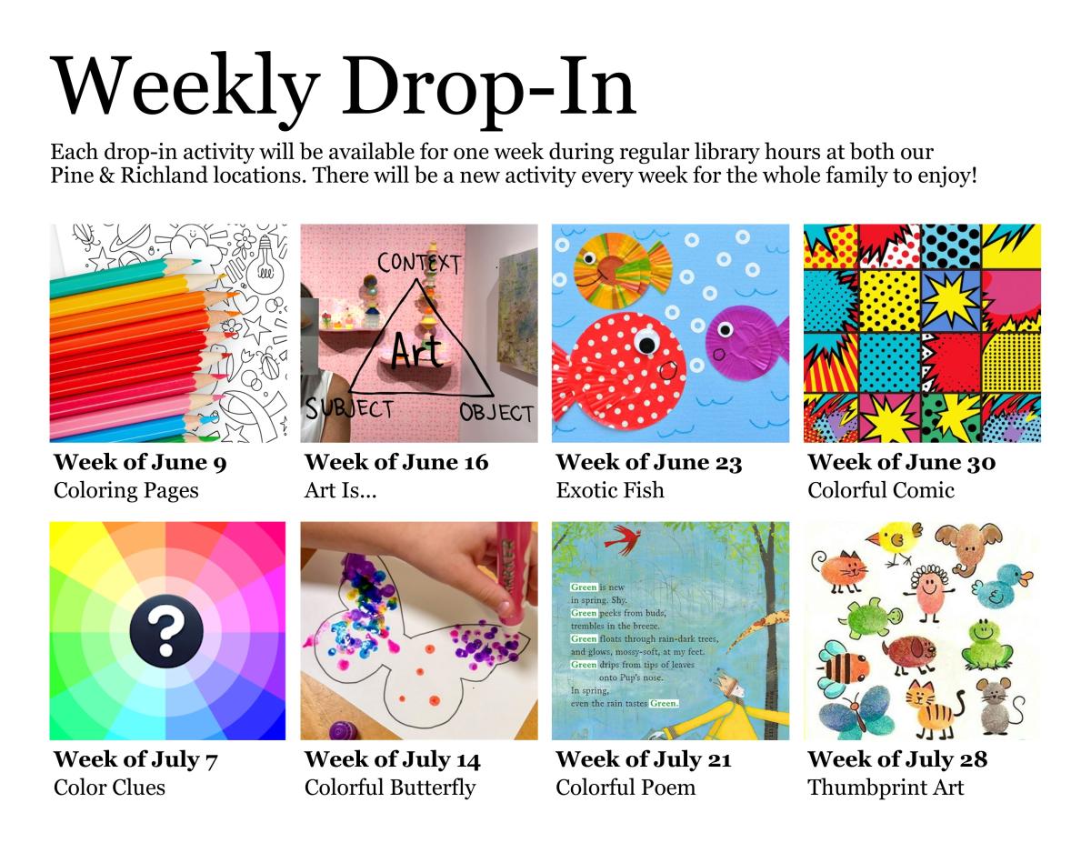 Various images of crafts for each week's drop-in craft