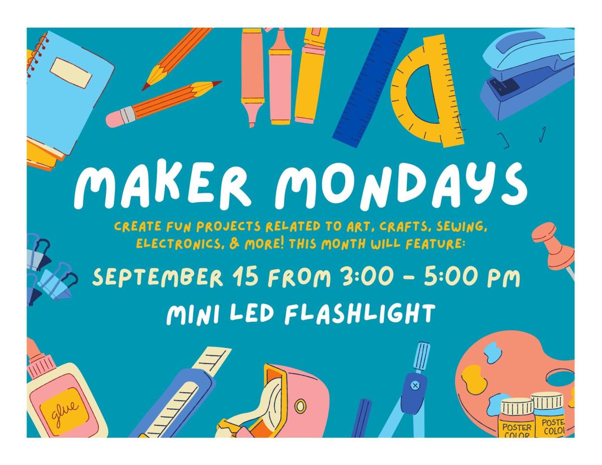 Teal background with art supplies around the outside edges