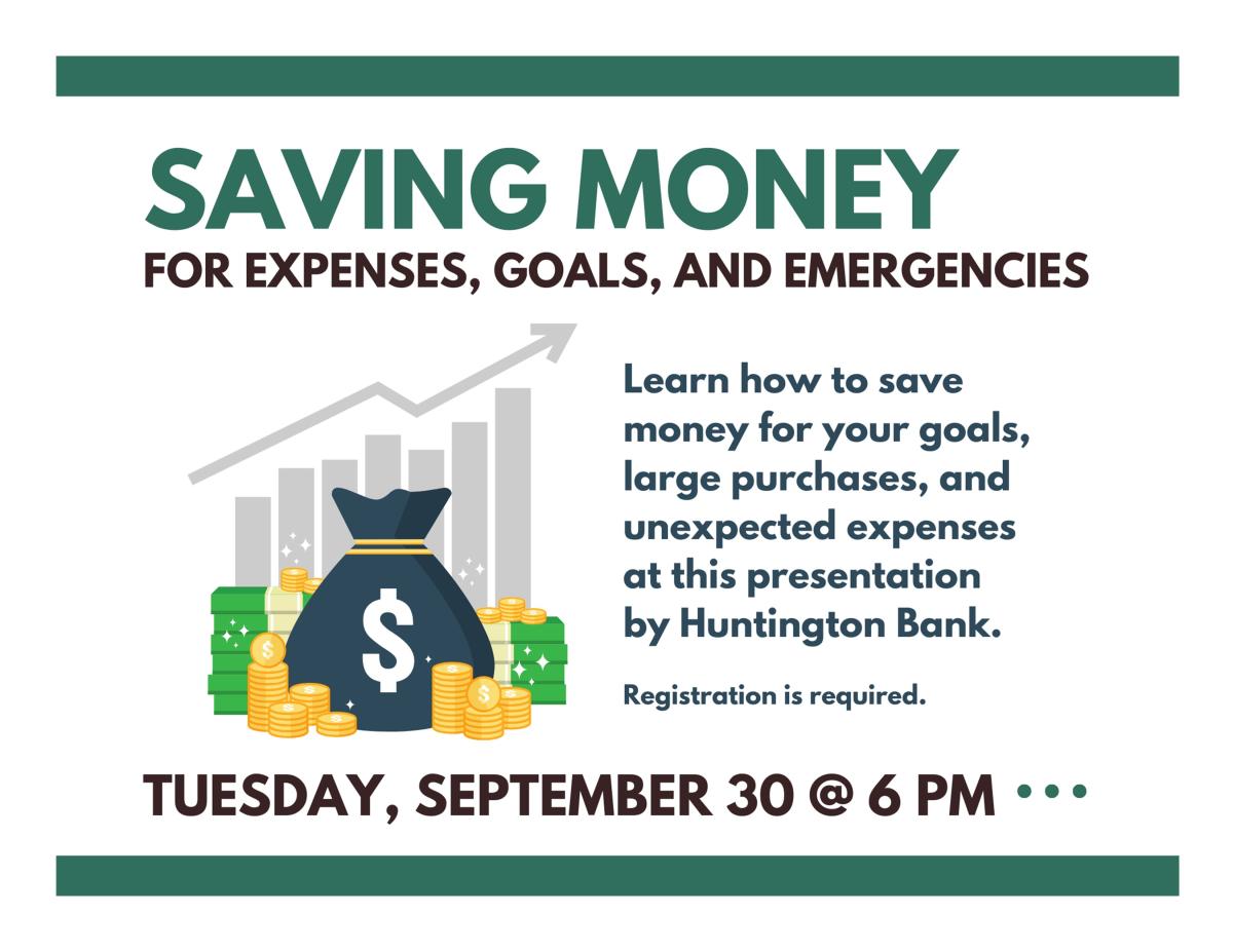 Money bag with coins around it with the title and description of the program in green