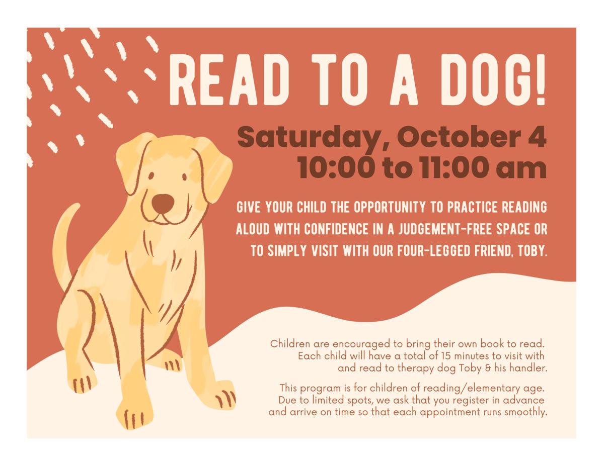 Orange background with cartoon golden retriever on the left and title & description on the right