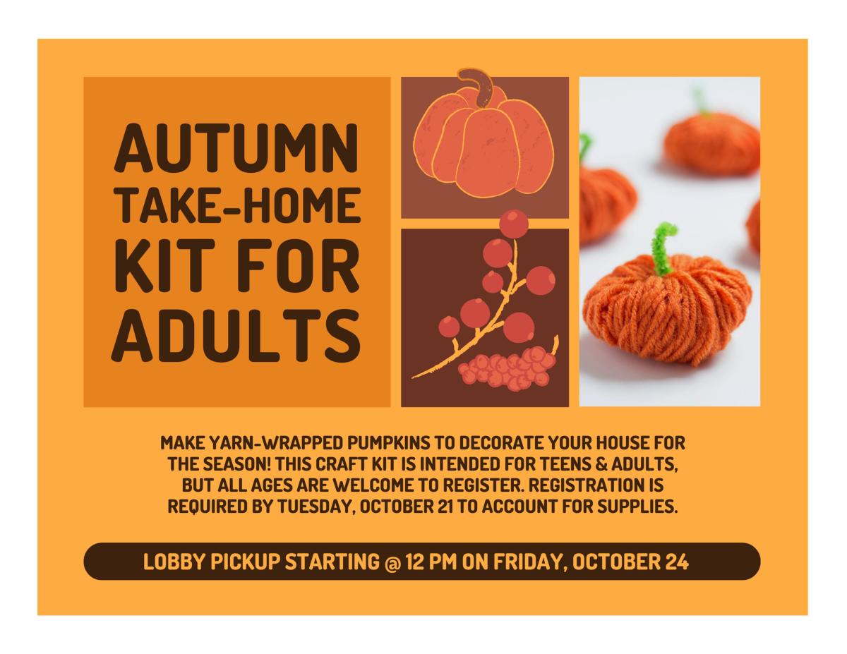 Orange background with yarn pumpkins and fall images on the right