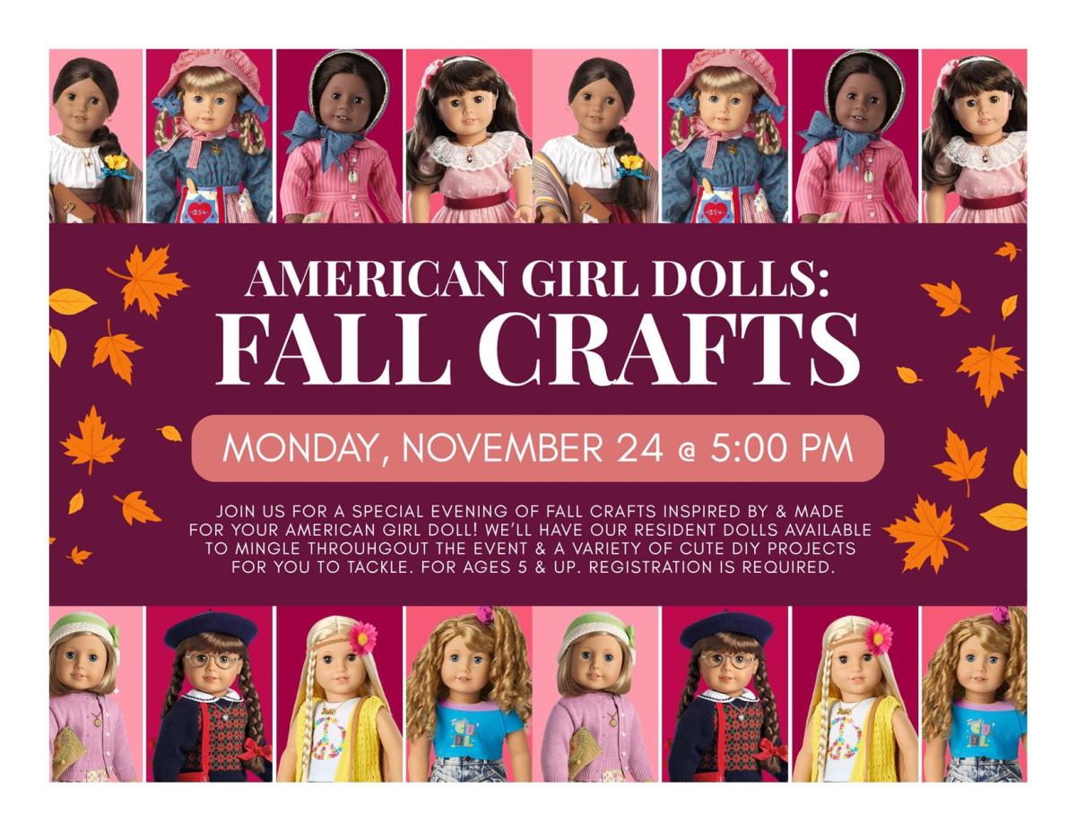 American Girl dolls at the top and bottom with magenta in the middle saying info on program