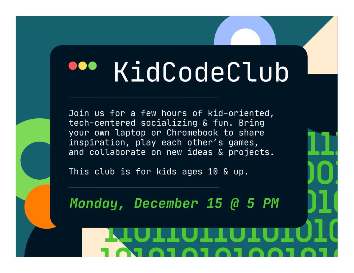 Forest green background with 0's & 1's and title and description in middle